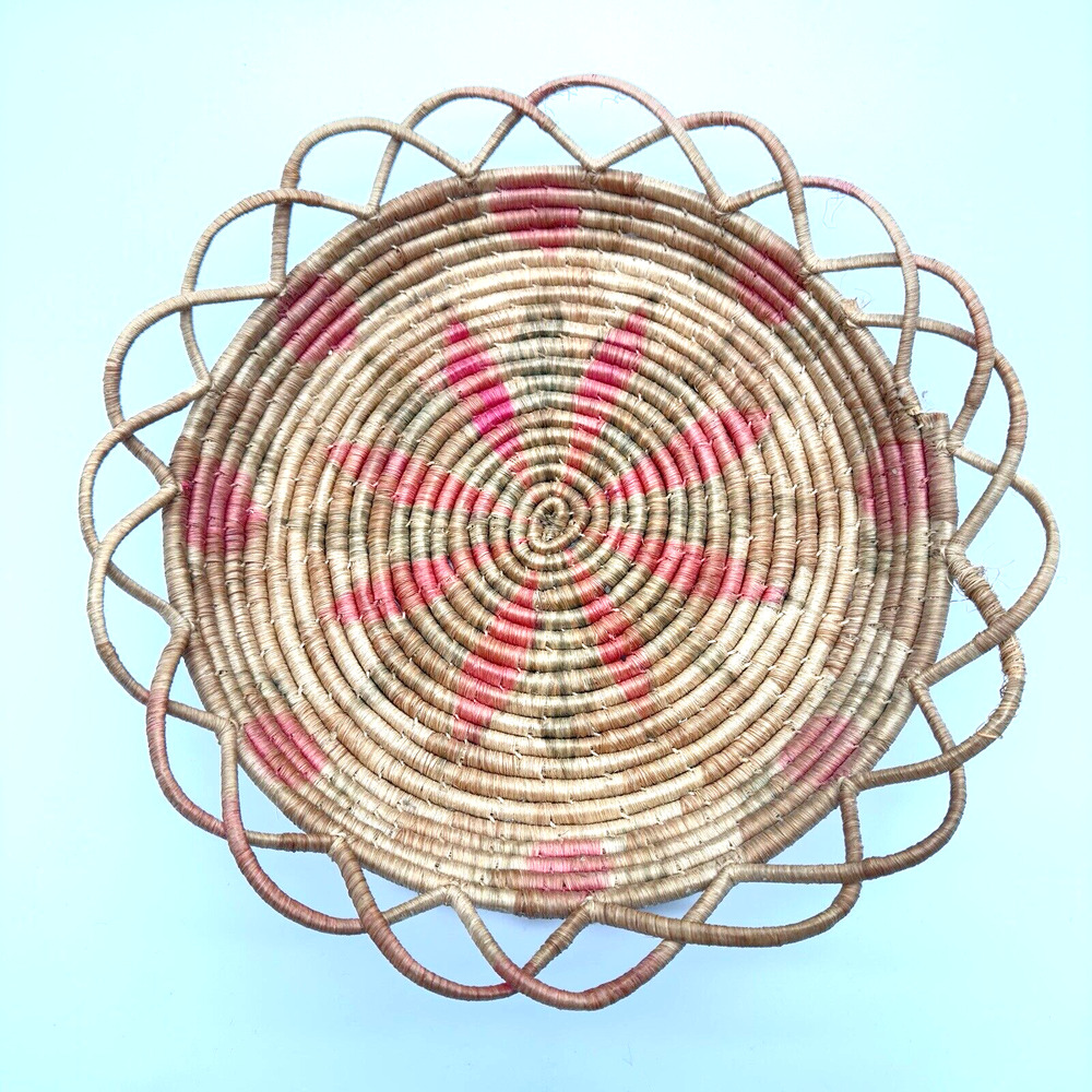 Hand Woven Coiled Basket 14.5" Wall Decor Tray Flower Design Pink Green Tan Boho